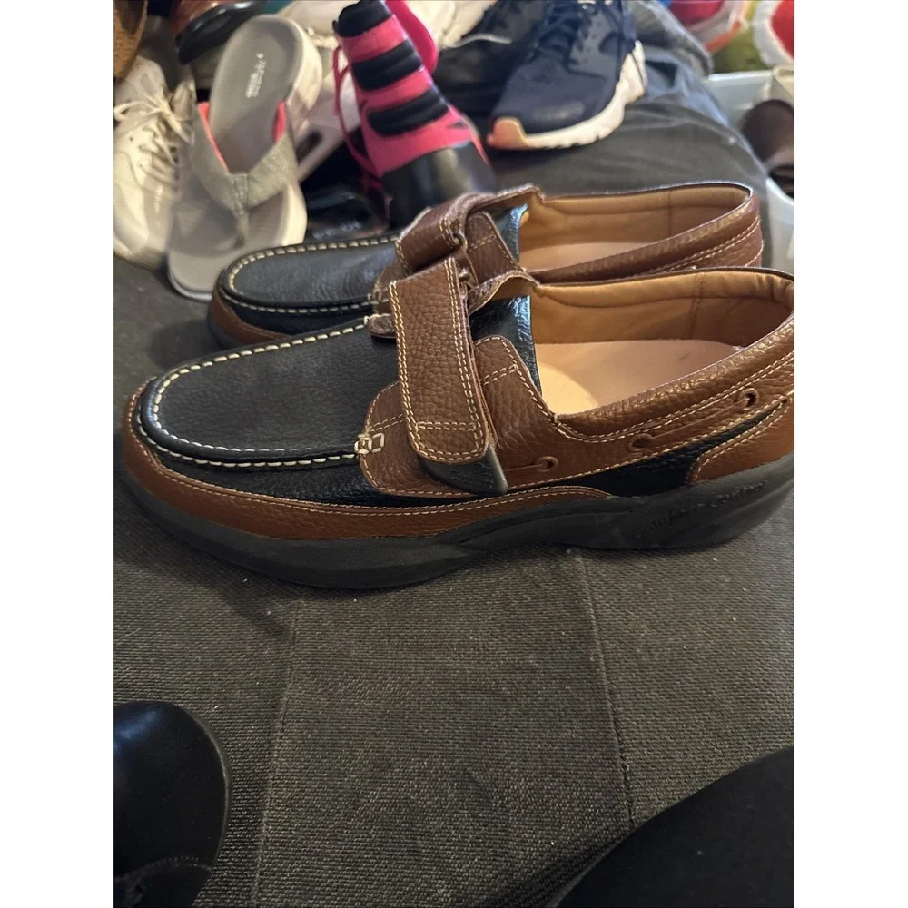 Dr Comfort Mike Casual Boat Shoes  Leather Hook and Loop Black Brown 11.5